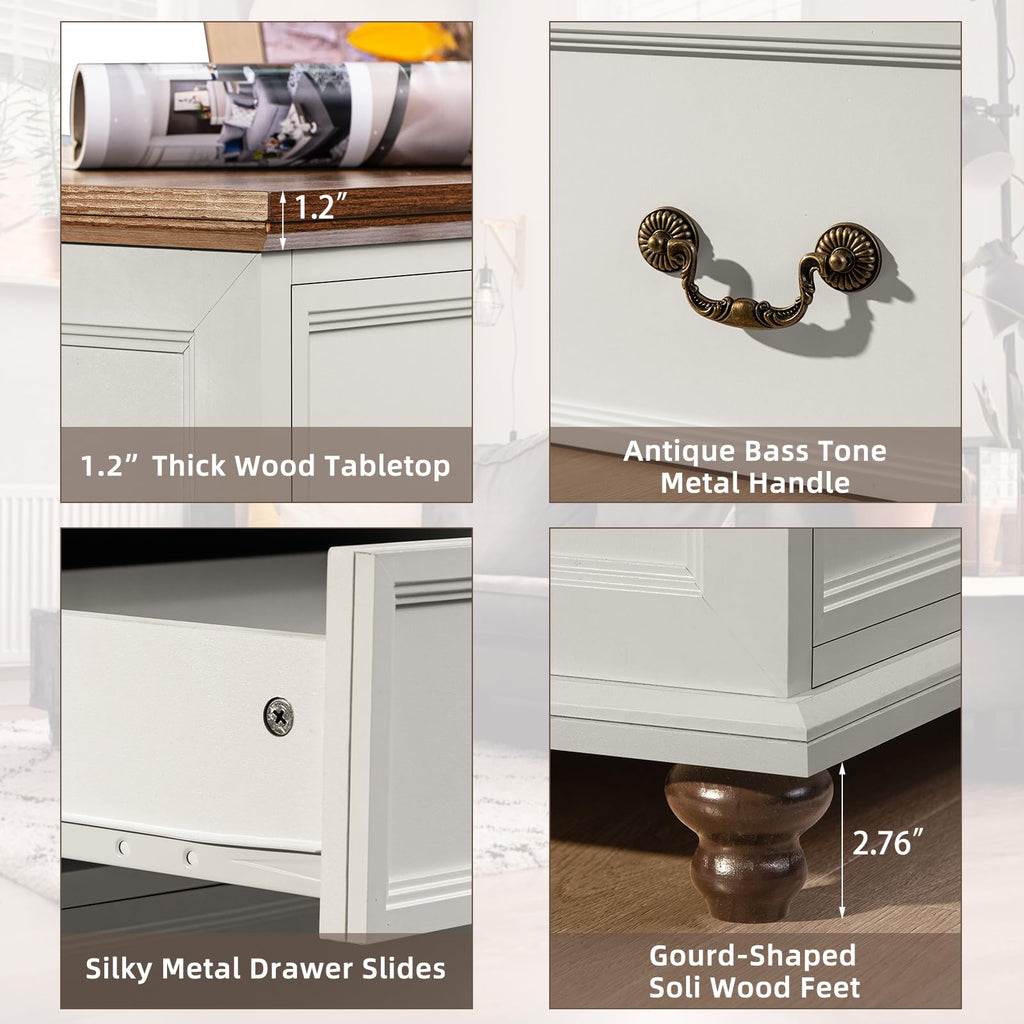 Farmhouse 54" 7 Drawers Dresser, White Wood Chest of Drawers w/ 4 Wooden Legs, Vintage Closet Storage Dressers