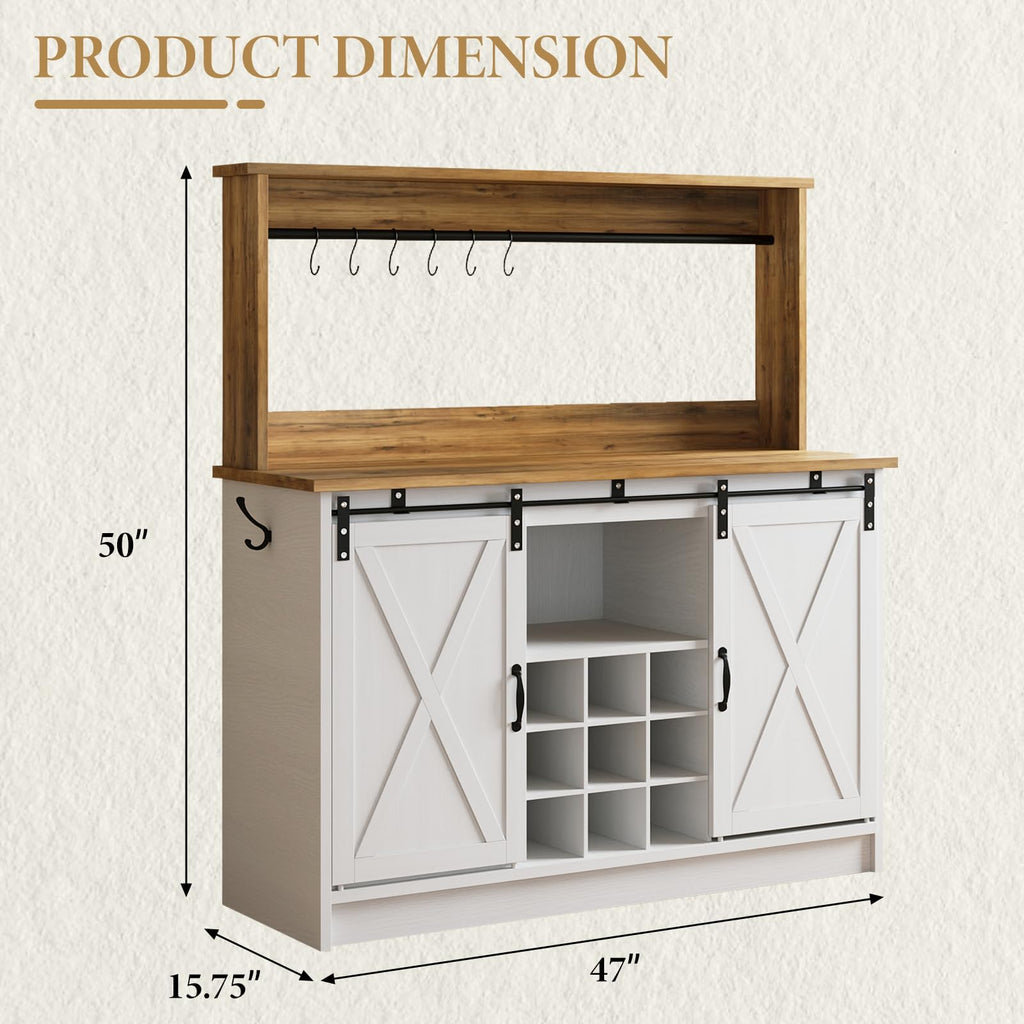 47" Farmhouse Coffee Bar Cabinet with Storage Hutch, White