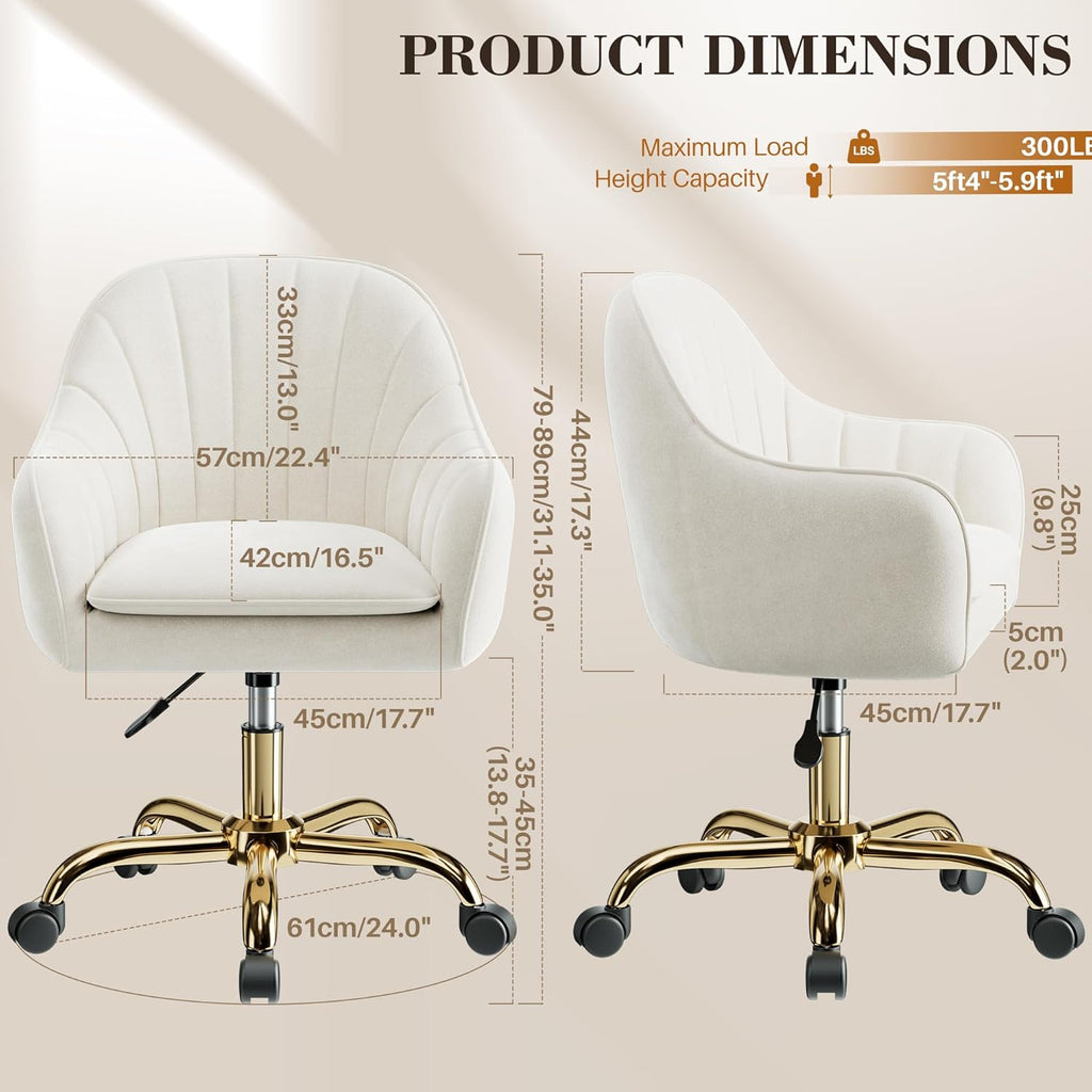 Vanity Chair with Wheels, Comfy Home Office Desk Chairs Adjustable Modern Velvet Makeup Vanity Chairs for Bedroom