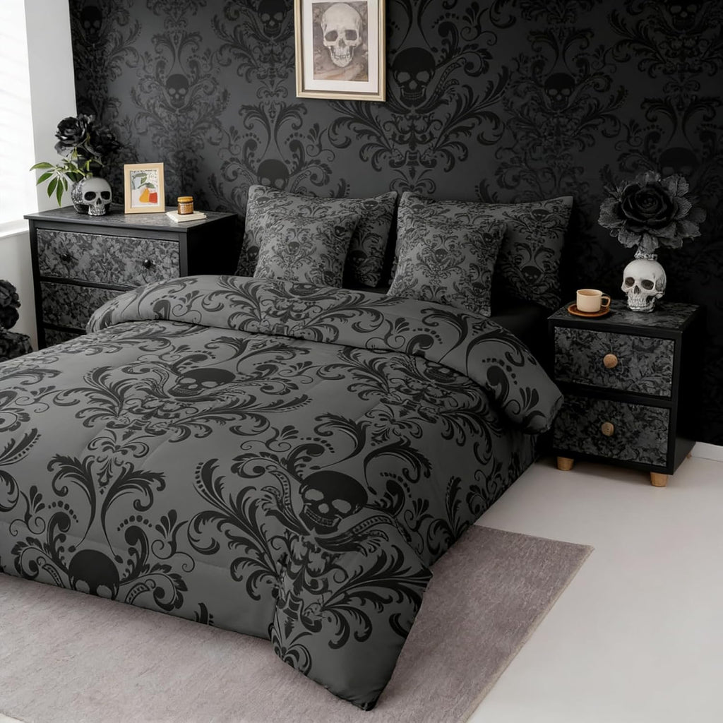 Erosebridal Gothic Damask Bed in a Bag Queen Comforter Set 7 Piece,Sugar Skull Bedding Sets Black Grey Victorian