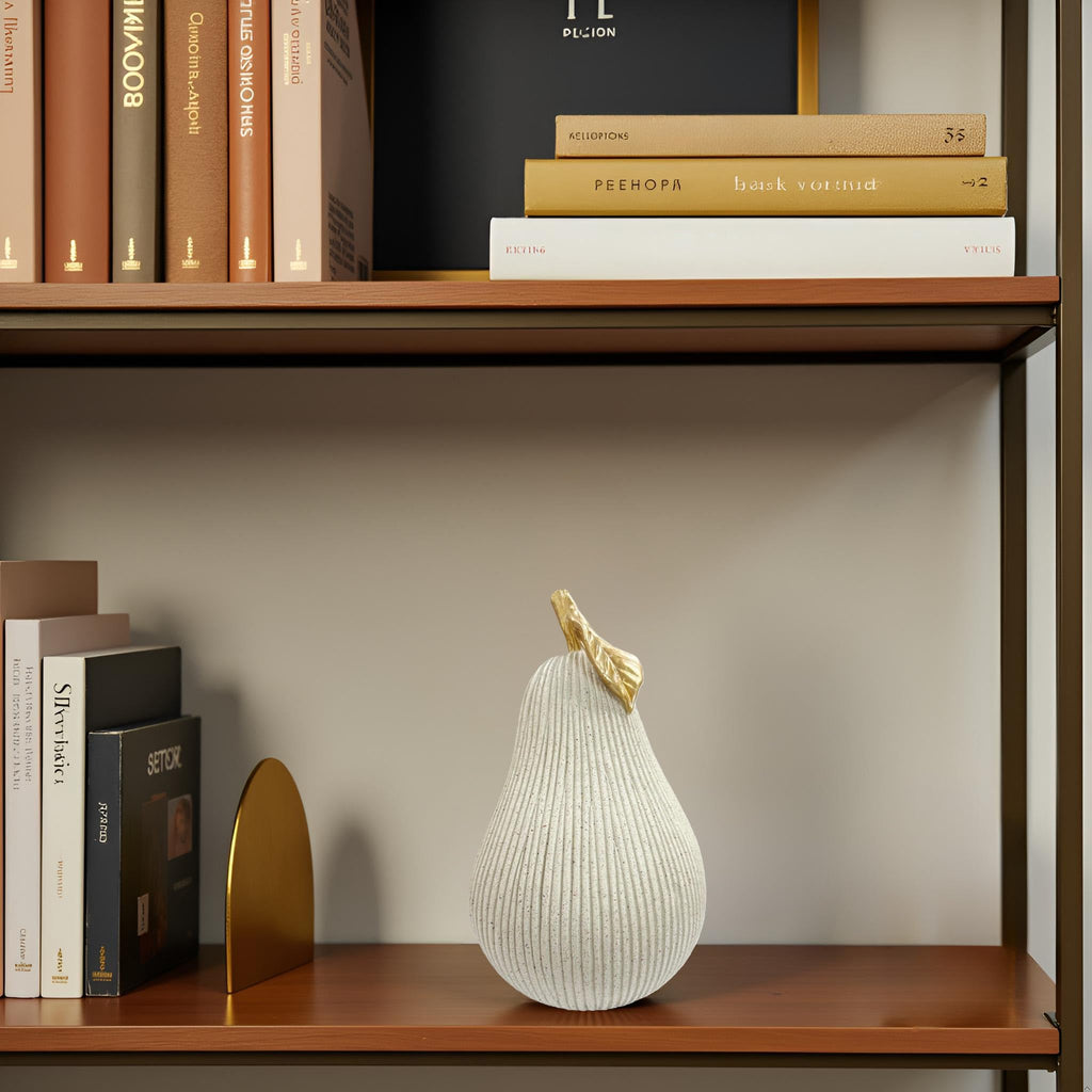 Gray-White Pear Figurine with Gold Leaf, Resin Pear Sculpture Decor, Minimalist Decorative Fruit Statue Counter