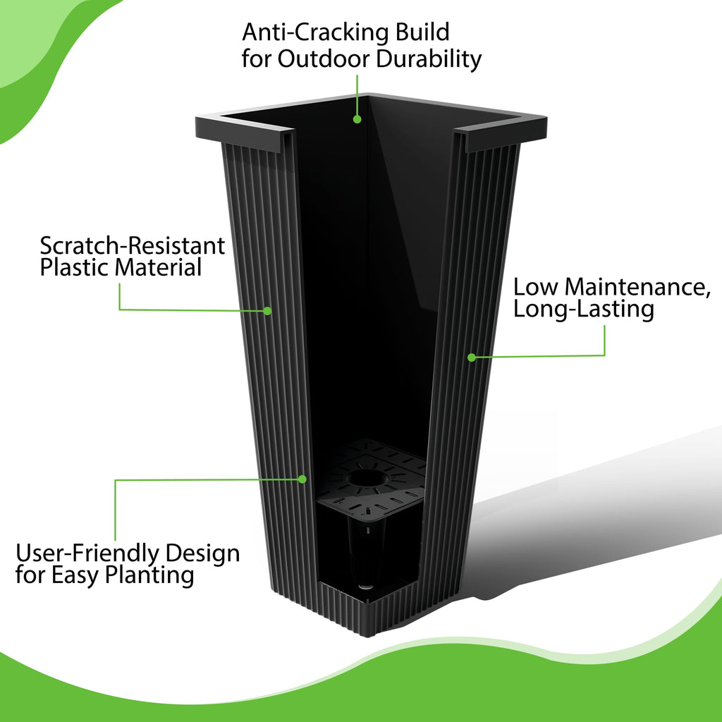 Set of 2 Tall Planters for Outdoor Plants, Black Ribbed