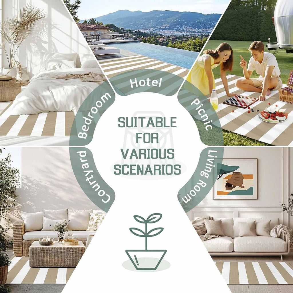 Outdoor Rug, Modern Minimalist Stripe Art Waterproof Outside Area Rug, Khaki and White Line Non Slip Deck