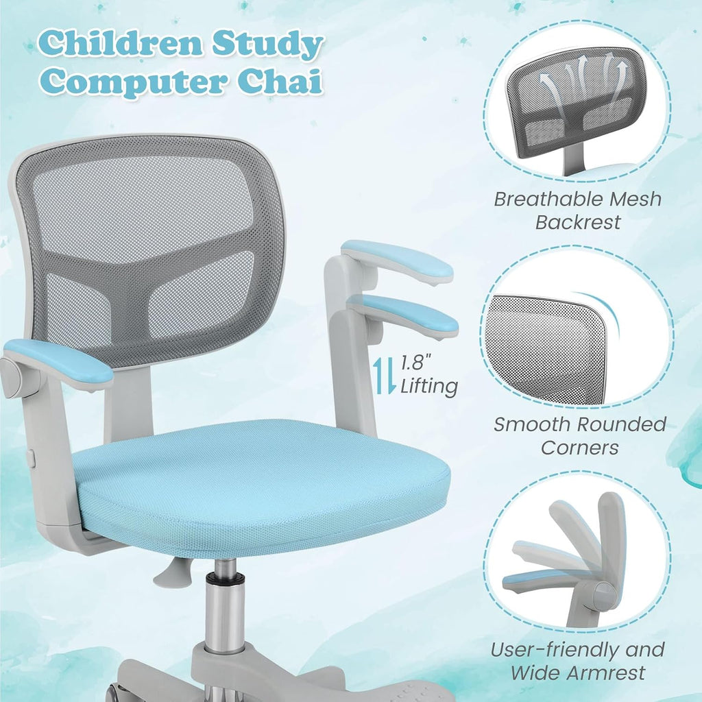 Kids Desk Chair, Ergonomic Adjustable Student Rolling Chair with Footrest & Flip-up Armrest, Mesh Children Office