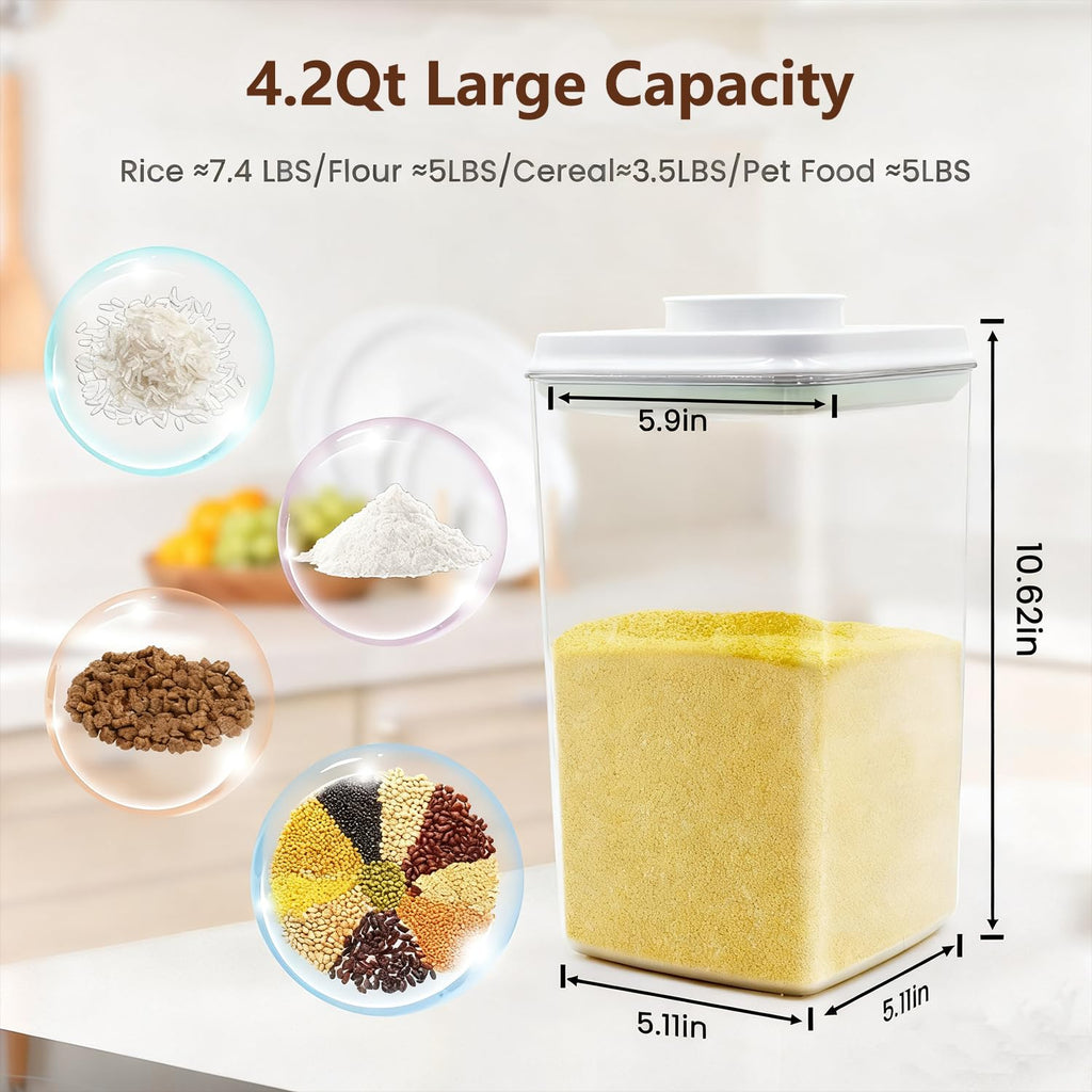 Pop Airtight Food Storage Container with Lid, 4L/4.2qt Large Cereal Flour Sugar Storage Container with Scoop, One
