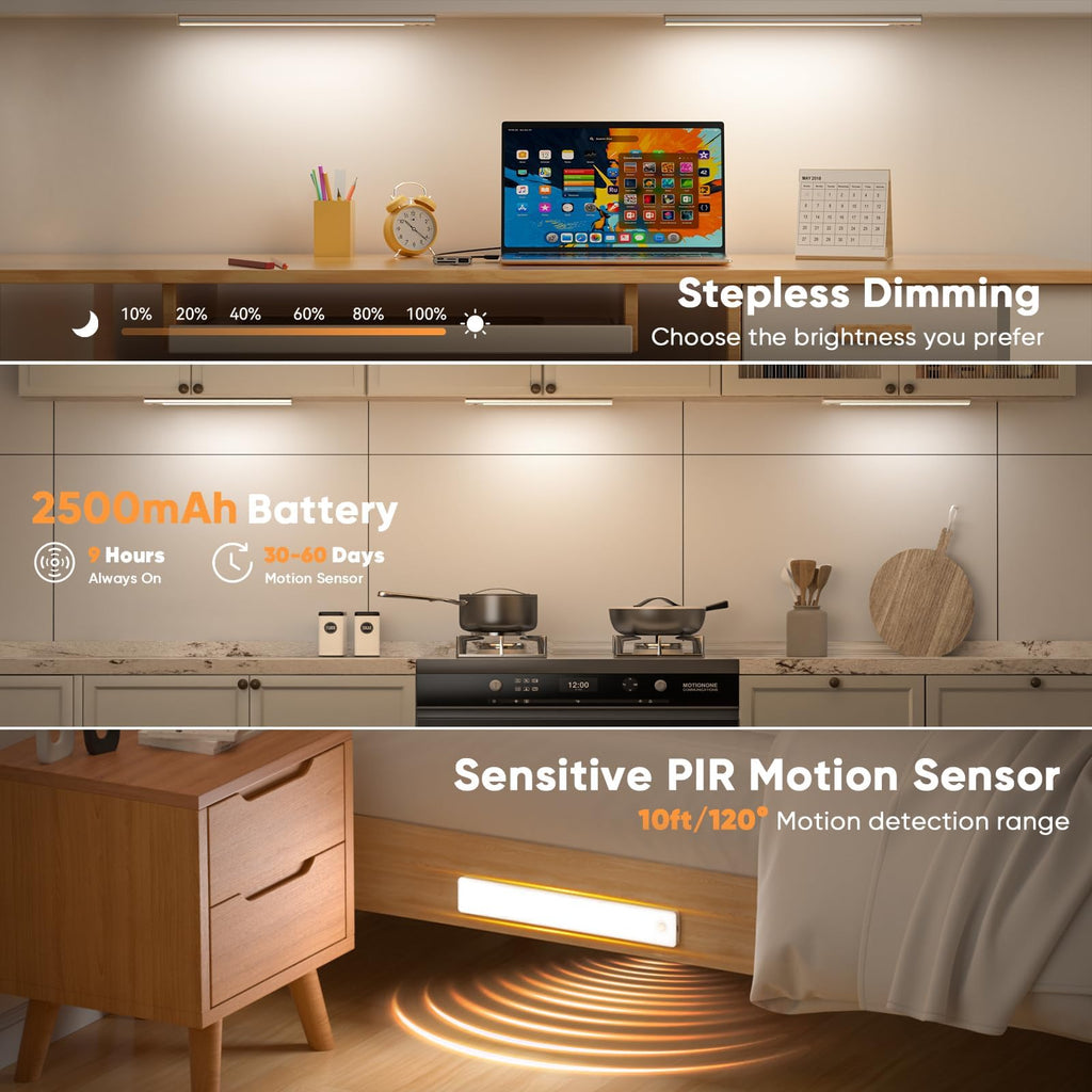 6 Pack 13inch Under Cabinet Lighting, 3 Color Temperatures Motion Sensor Light Indoor, USB Rechargeable Battery