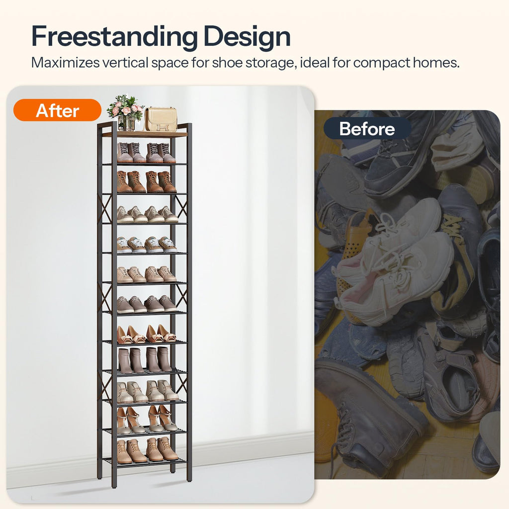 12-Tier Narrow Shoe Rack, Tall Shoe Rack for 12-24 Pairs, Slim Shoe Storage Organizer with Wooden Top, Space Saving