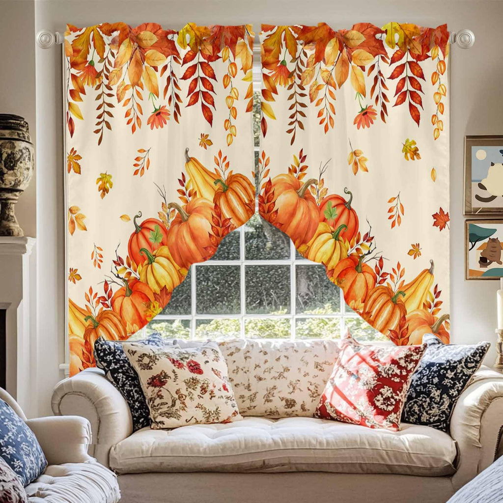 Fall Valances for Windows Thanksgiving Kitchen Window Curtains Over Sink, Orange Pumpkin Maple Leaf Rod Pocket Swag