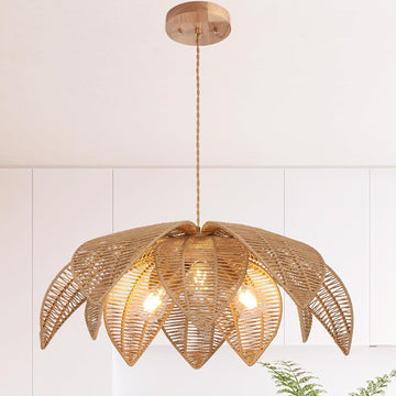 Farmhouse Chandeliers for Dining Room, 3-Light Rattan Boho Chandelier Light Fixture Hand Woven Wicker Pendant Light