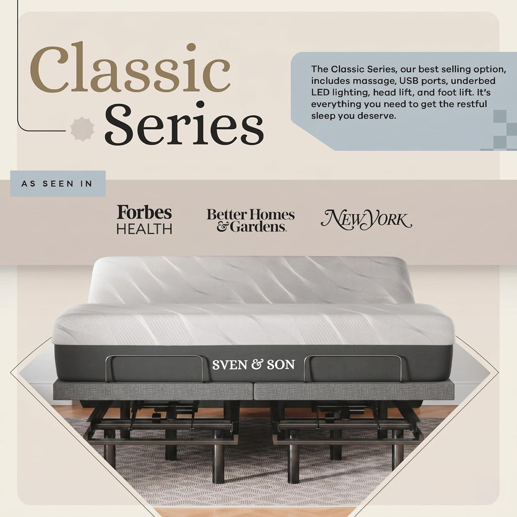 Classic Adjustable Bed Base, Head and Foot Lift, Massage, Under-Bed Lights, USB, Gel Memory, Zero Gravity Smart Frame