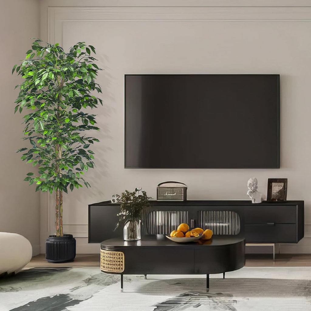 2Packs 6FT Artificial Ficus Trees with Realistic Leaves and Natural Trunk, Faux Ficus Tree with Sturdy Plastic