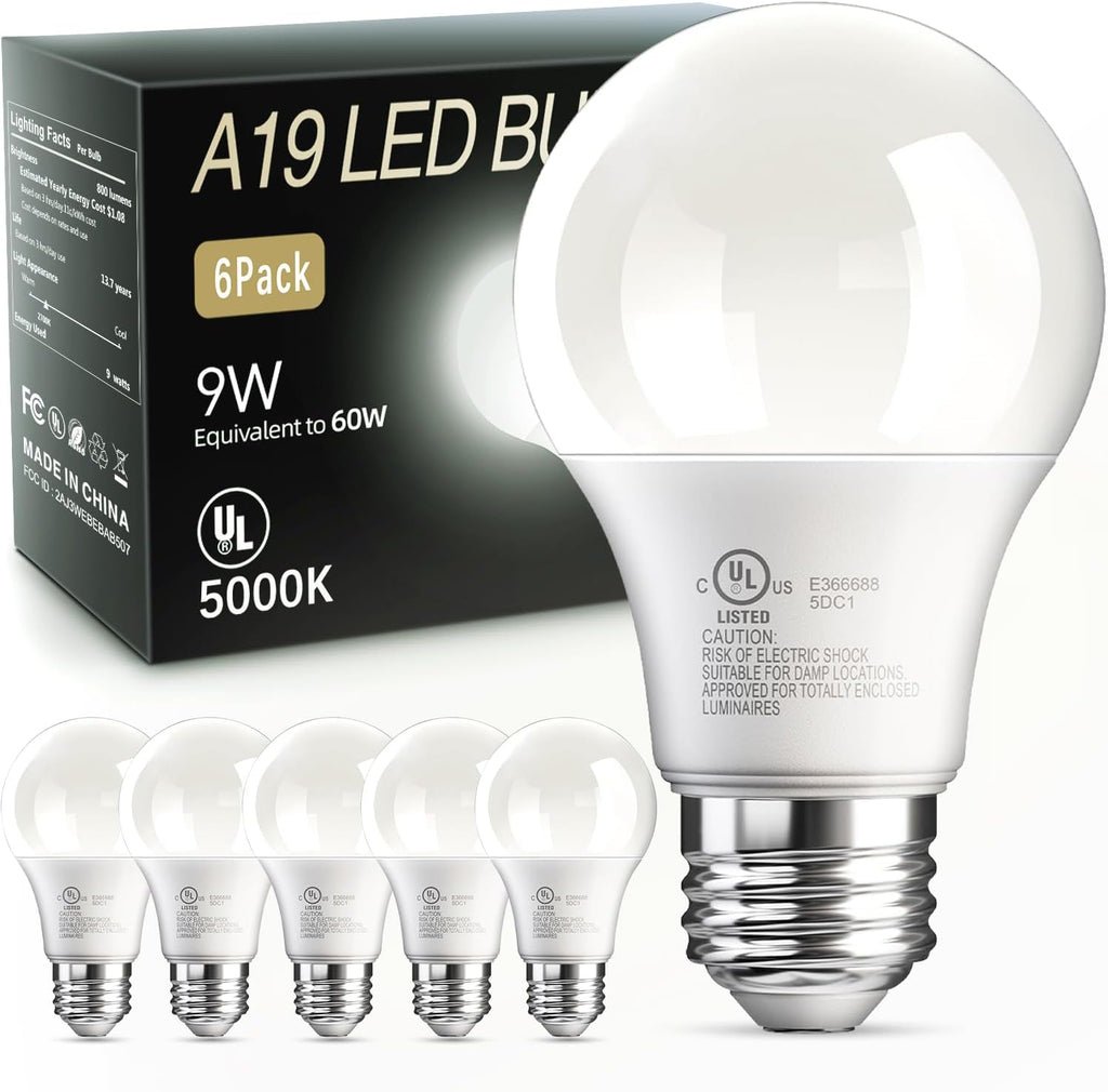 LED Light Bulbs Daylight 5000K, 60 Watt Equivalent LED Bulb, 9W Bright White Light Bulb, A19 E26 Standard Base, Non