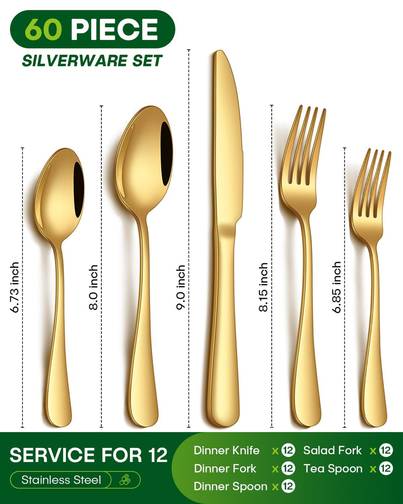 60 Piece Gold Silverware Set, Stainless Steel Flatware Set for 12 Food Grade Novelty Flatware Cutlery Utensil Set