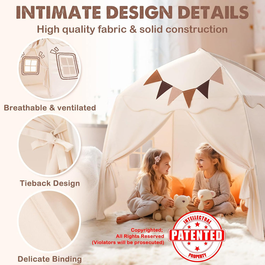 Large Kids Play Tent with Star Lights & Flags, Portable & Foldable Teepee Tents, Dome Tent Playhouse for Indoor &