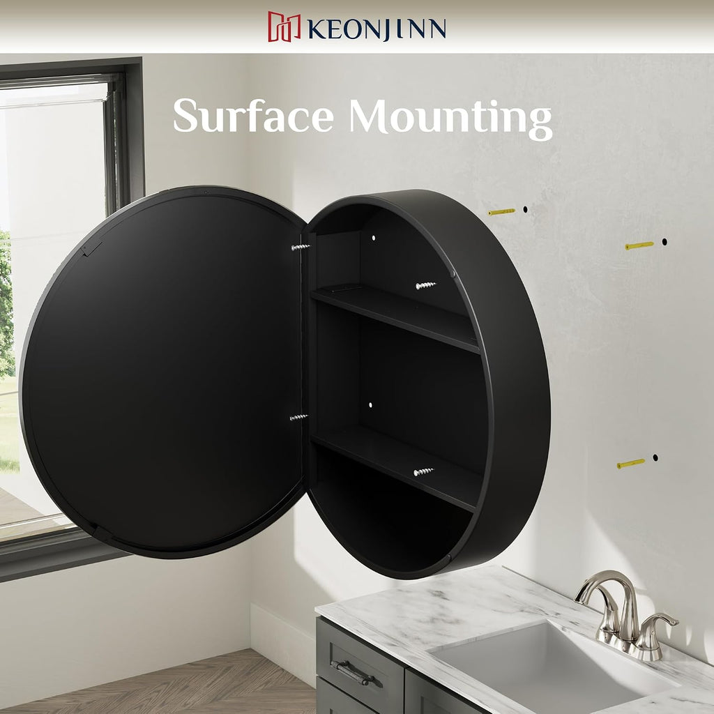 24 x 24 Inch Round Medicine Cabinet , Shatter-Proof | Surface Mount, Black Medicine Cabinet with Mirror, Metal Frame