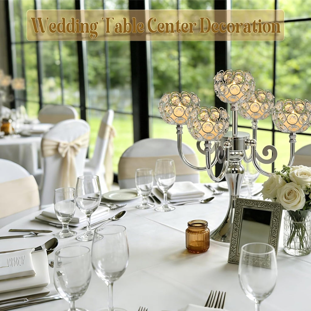 5 Arm Metal Crystal Candelabra Centerpiece - 13.4 Inch Elegant Candle Holder with Crystal Beadsable Decoration (4