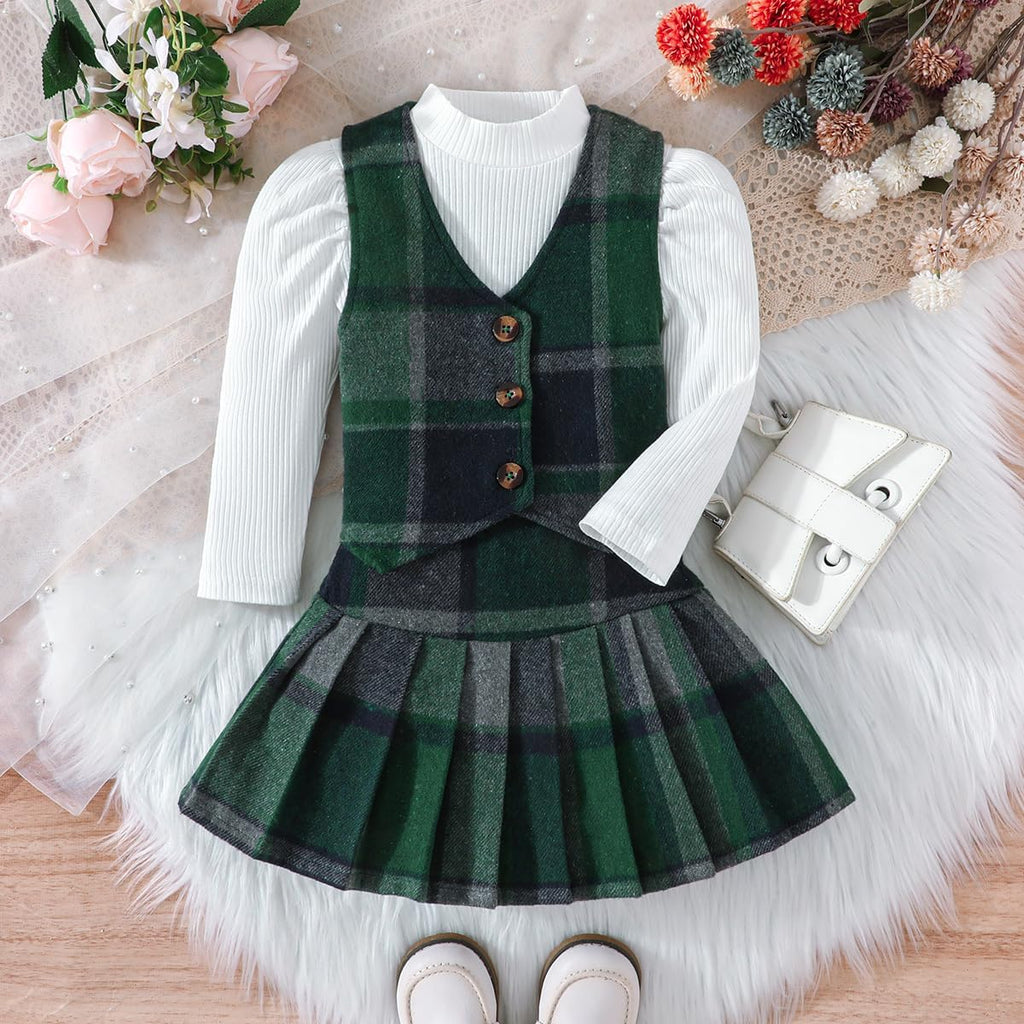 Toddler Girls Fall Outfits Knit Rib Shirt Tops Button Down Vest Plaid Skirt Set Winter Holiday Clothes
