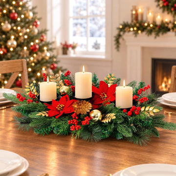 26'' Christmas Candle Holder Centerpiece with Poinsettia Golden Ball Leaves