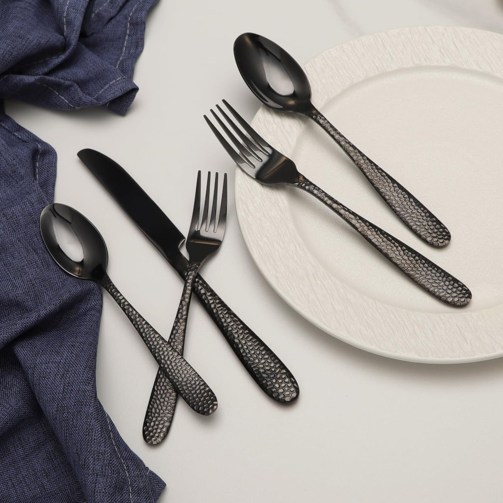 Black Hammered Silverware Set, 40 Piece Stainless Steel Heavy Duty Flatware Set for 8, Food-Grade Tableware Cutlery