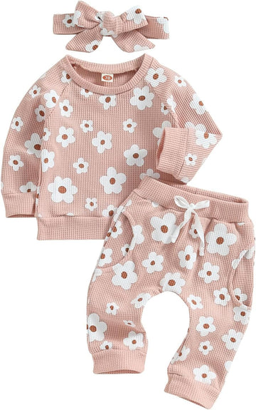 Fall Baby Girl Clothes Waffle Knit Floral Pullover Sweatshirt Long Sleeve Shirt Top Pants Cute Winter Outfit Set