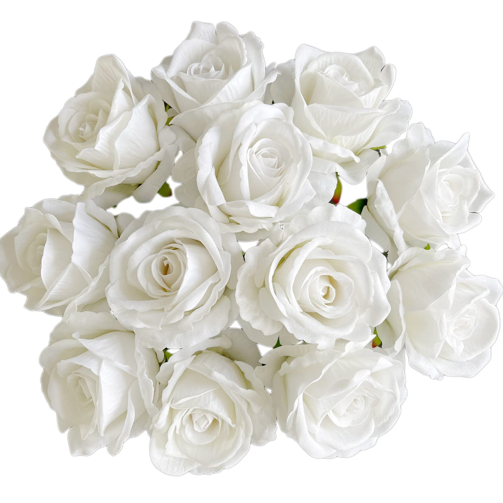 Artificial White Rose Flowers 12 Pcs Blossom Rose Flowers Real Touch Silk Faux Roses with Stem Rose Bouquets