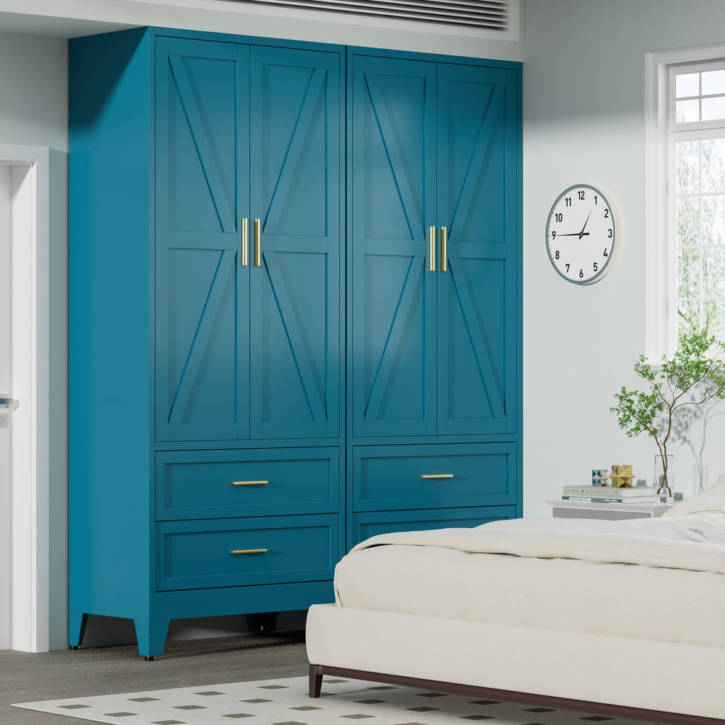 71 Farmhouse Metal Wardrobe Closet with Hanging Rod, 2 Barn Doors, Adjustable Shelves, Steel Armoire with Drawer Green