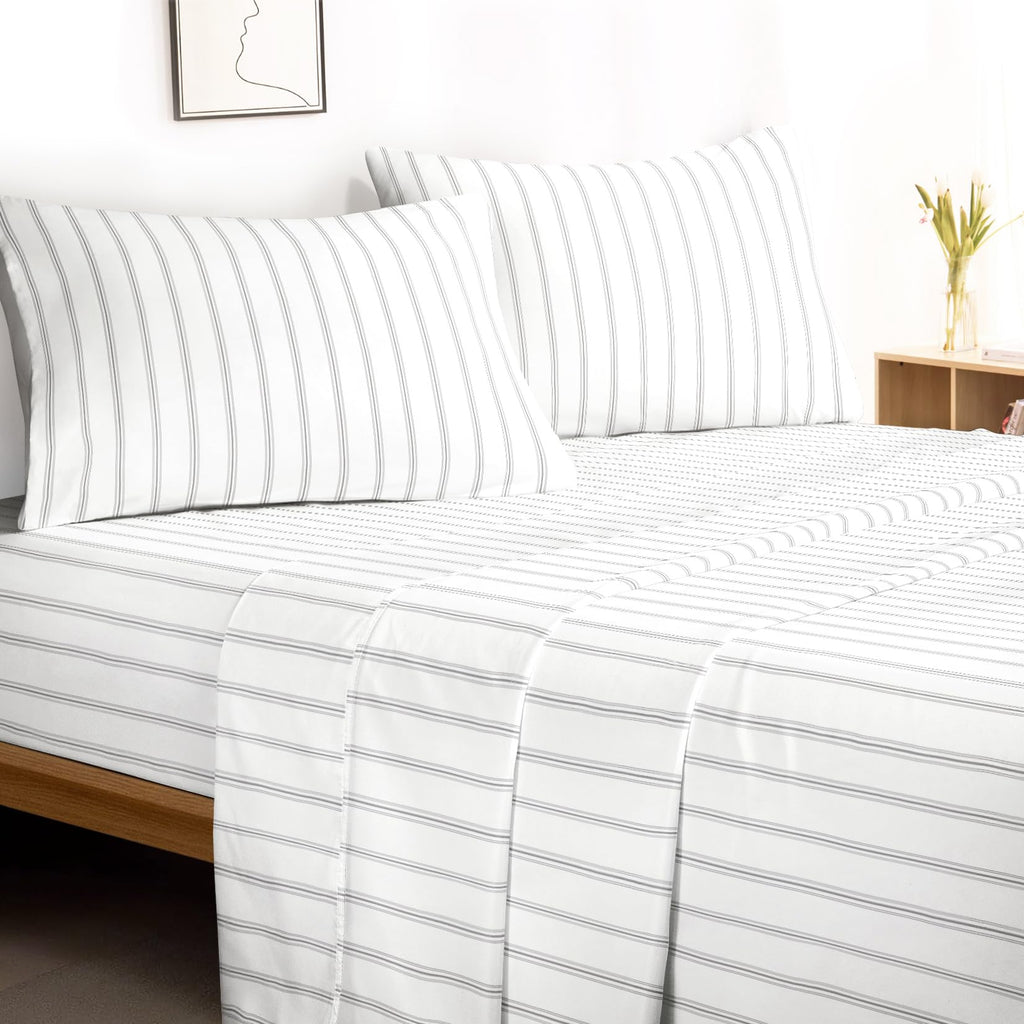 Striped Bed Sheets, 100% Cotton, 4 Pieces Sheet Set, Modern Farmhouse Ticking Vertical Pin Stripe Pattern Printed