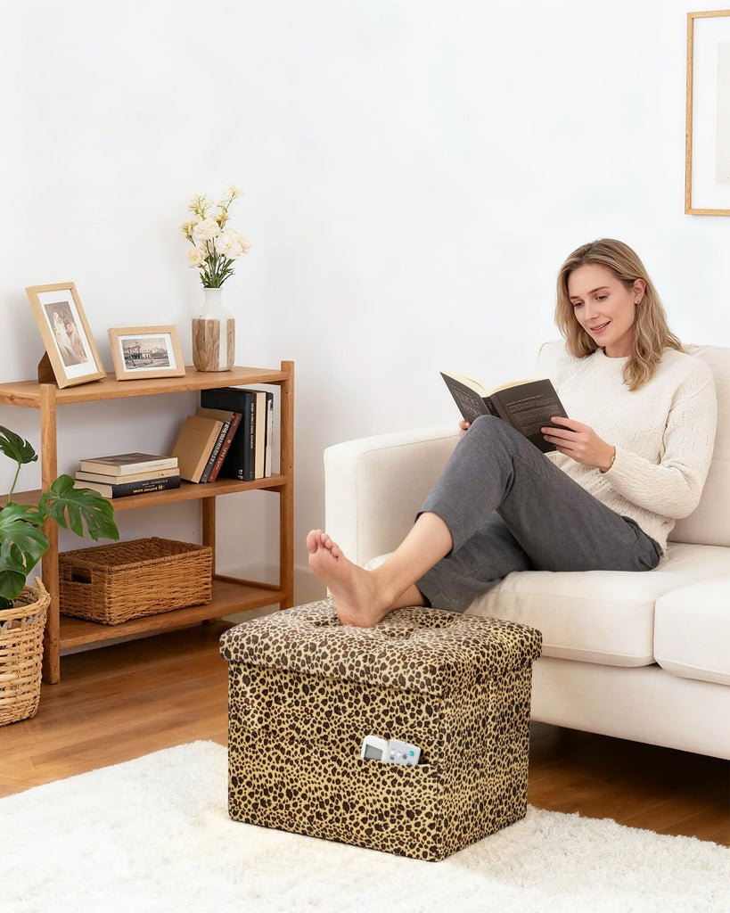 Storage Ottoman, 17" Folding Velvet Foot Rest, Leopard Print 2 Pack