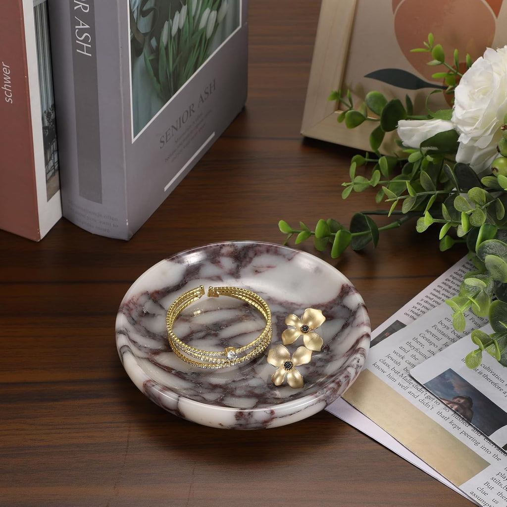 Small Round Key Bowl for Entryway Table - 5.5" Natural Marble Jewelry Dish Tray Decorative Key Plate Holder Catch All
