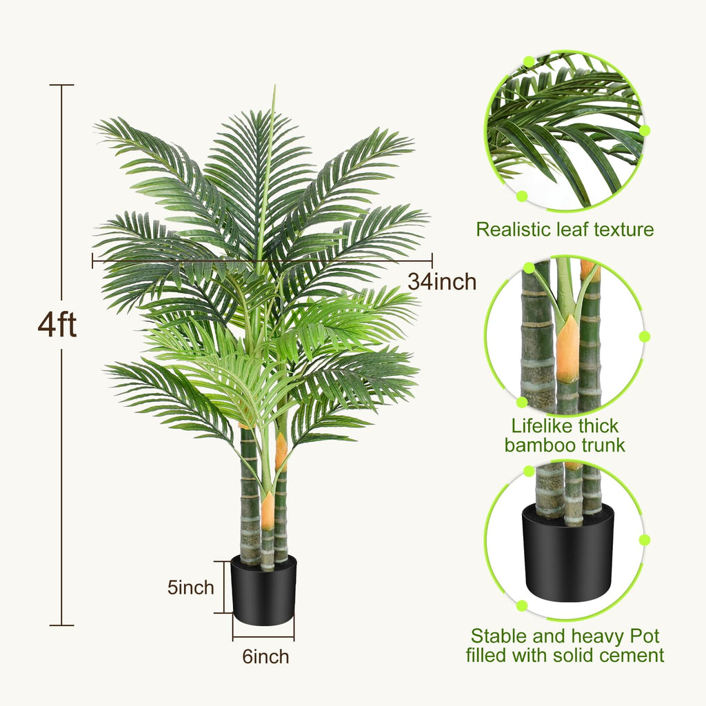 Triple Golden Cane Palm Artificial Tree 4ft Tall Large Faux Tropical Palm Tree UV Resistant Fake Plant in Pot for