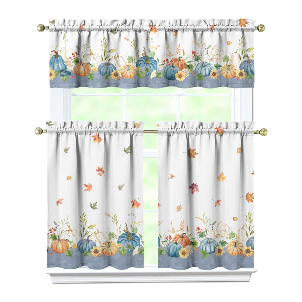 Fall Thanksgiving Kitchen Curtain Valance 3 Piece Set, Blue Pumpkin Sunflower Kitchen Decor, Thanksgiving Curtains