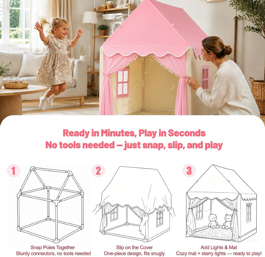 Kids Play Tent Indoor Playhouse, Princess Tent with Mat & Star Lights Pink