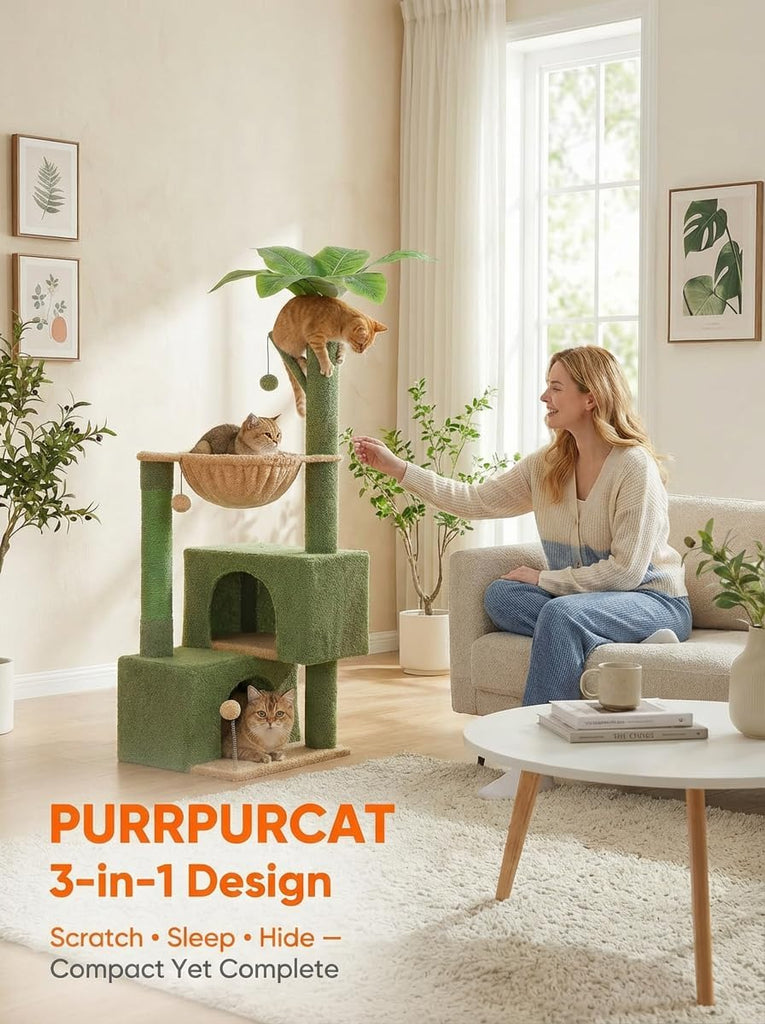 45-Inch Green Cat Tree with 2 Condos for Indoor Cats, Cat Tower with Scratching Posts for Small Cats, Cactus Cat Tree