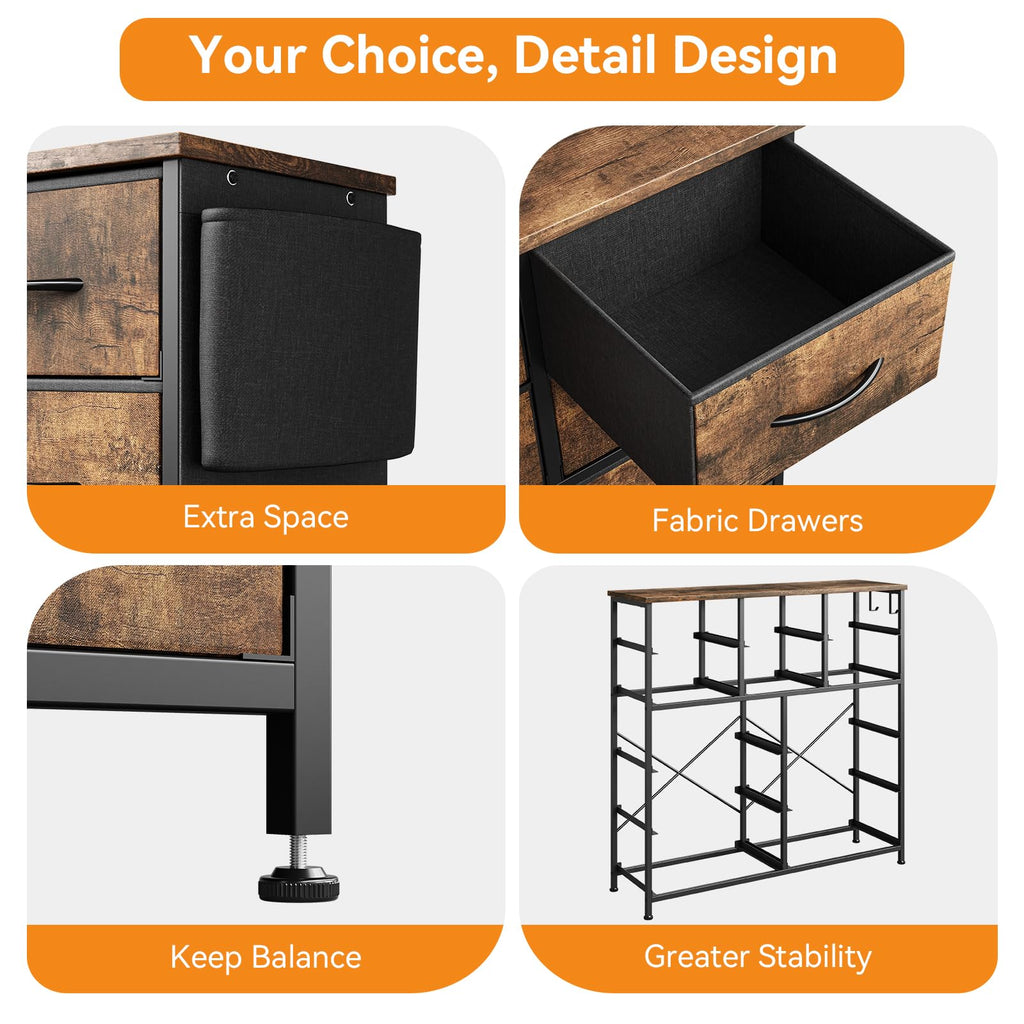 12, Chest of Drawers with Side Pockets and Hooks, Fabric Storage, Sturdy Steel Frame, Wood Top, Easy Pull Handle