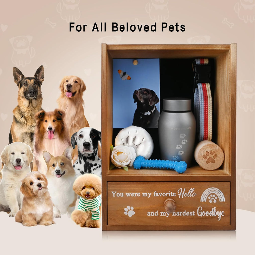 Pet Memorial Shadow Box 9.3x13 with Deep Drawer for Loss of Dog Gift Brown
