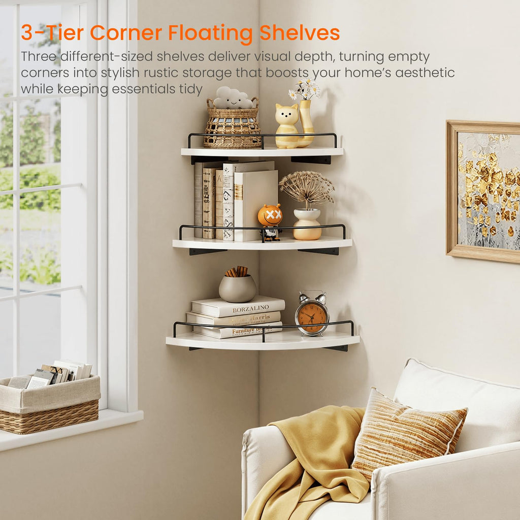 Corner Wall Shelves, 3 Tier Wooden Corner Floating Shelves, White
