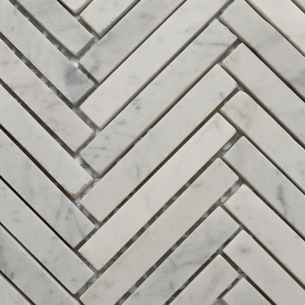 Carrara Small Chevron Mosaic Tile - 12" x 12" Hand-Sorted Polished Natural River Stone Kitchen Backsplash and Wall