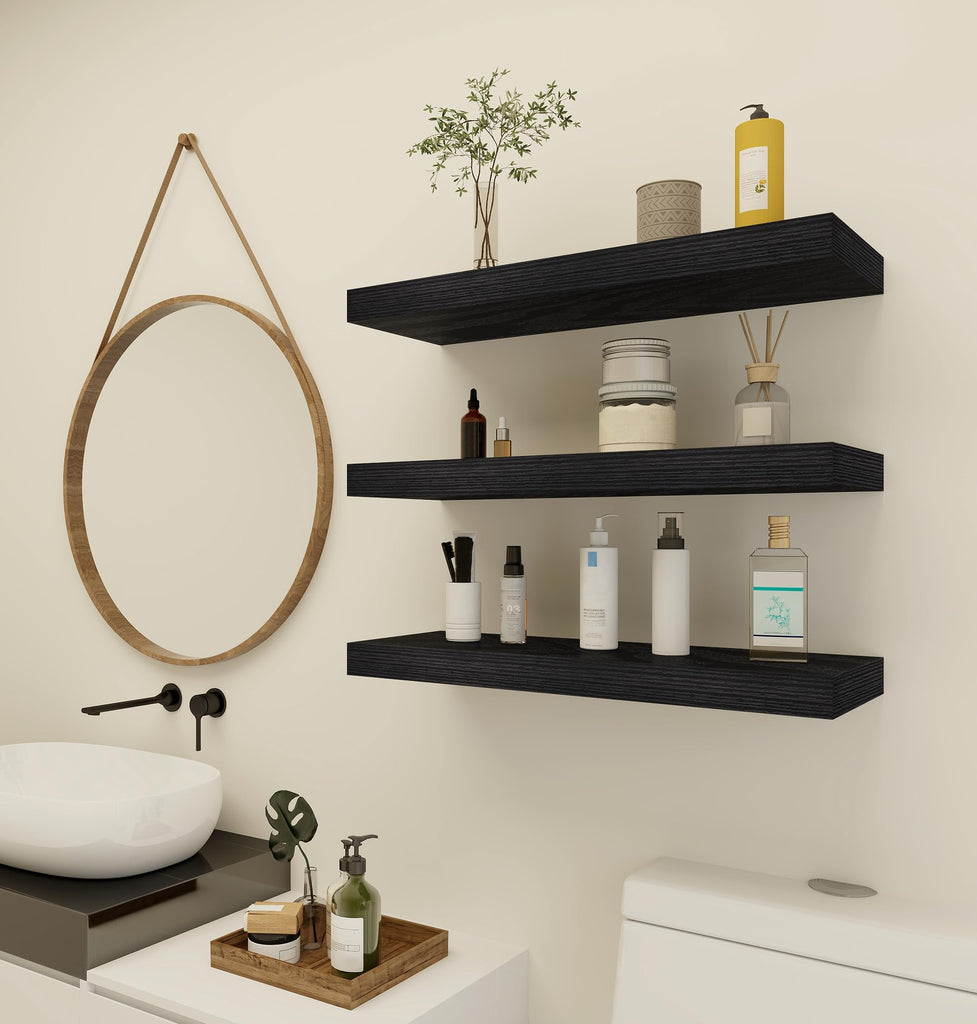 Black Floating Wall Shelves 24in Deep Set of 3 Holds 37lbs