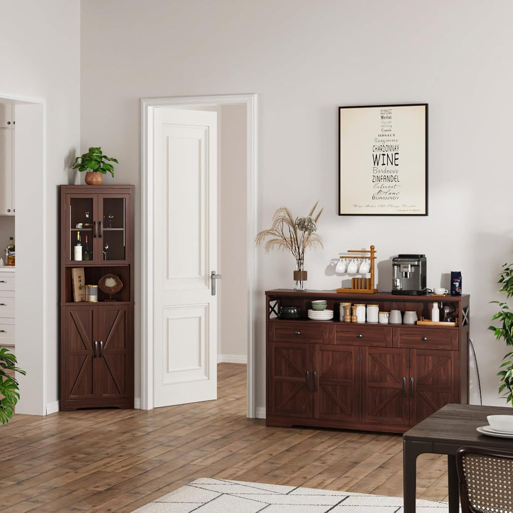 51" Dark Brown Buffet Sideboard Cabinet, Farmhouse Storage Cabinet Kitchen | Pantry with Shelf and Drawers, Wood