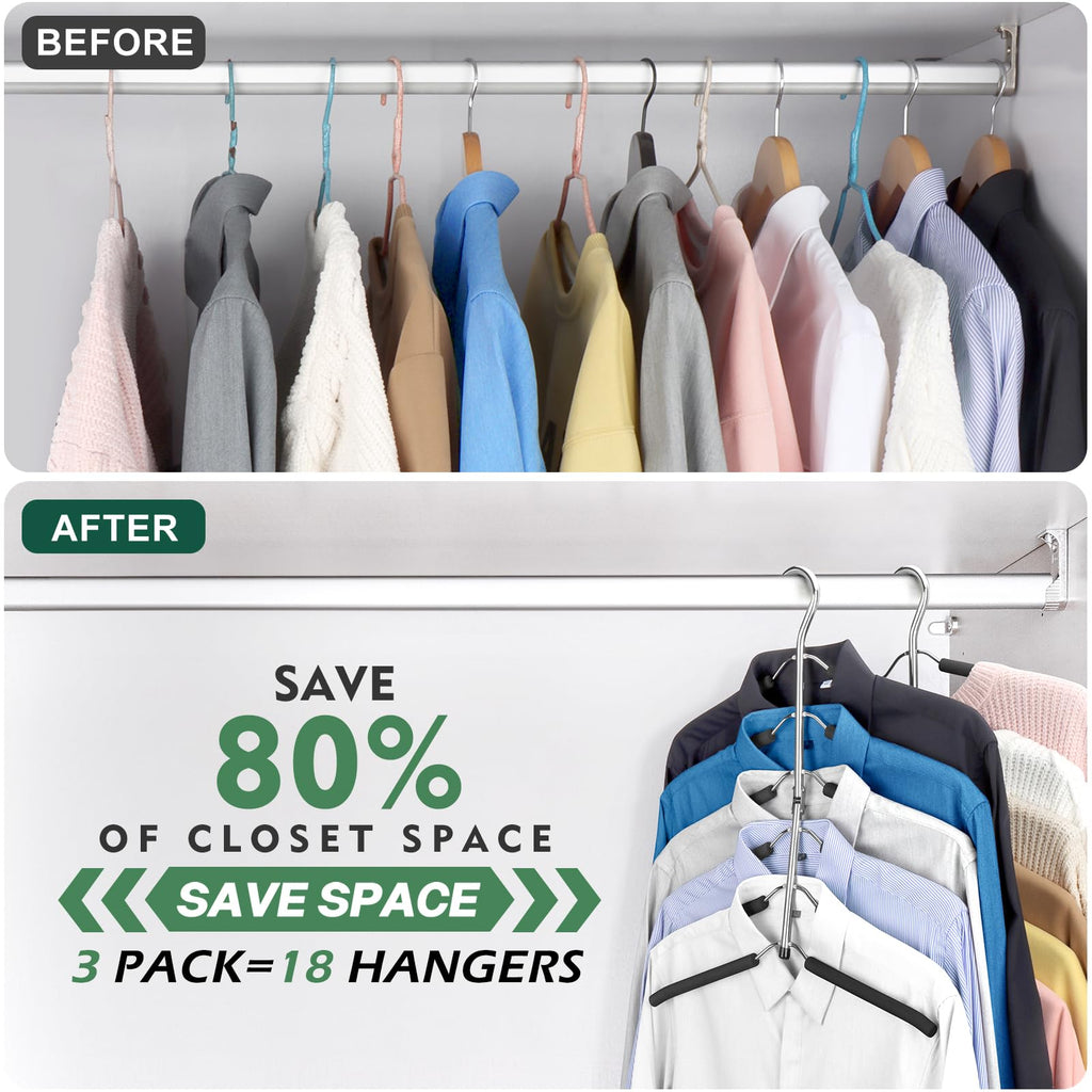 Clothes Hangers Space Saving: 6 Tier Coat Hanger Space Saving Hangers Non Slip Foam Padded Hanger, 3 Pack Black Metal
