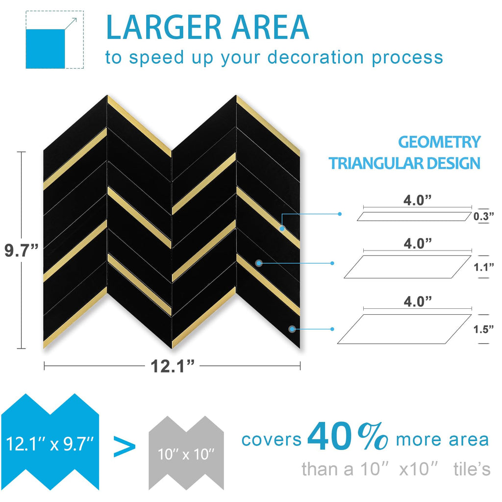 Black Marble Gold Herringbone Tiles (10-Pack, 8 Sq Ft)