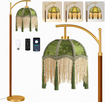Vintage Floor Lamp, Wood Gold Remote Dimmable Standing Lamps with Victorian Fringe Green, Arc Corner Tall Floor Light