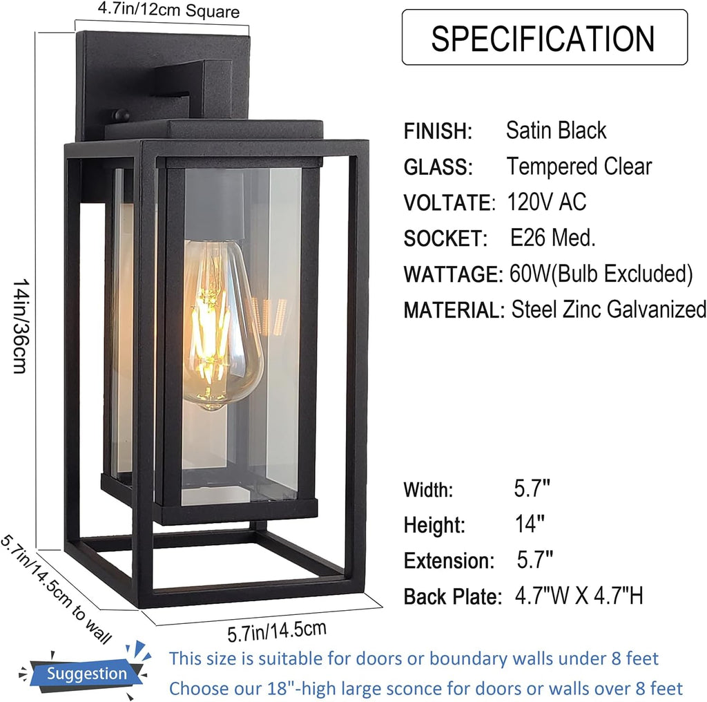 14" Outdoor Wall Light Fixtures Waterproofed Exterior Lantern W/Sturdy Rectangular Double Cage In Satin Black&Clear