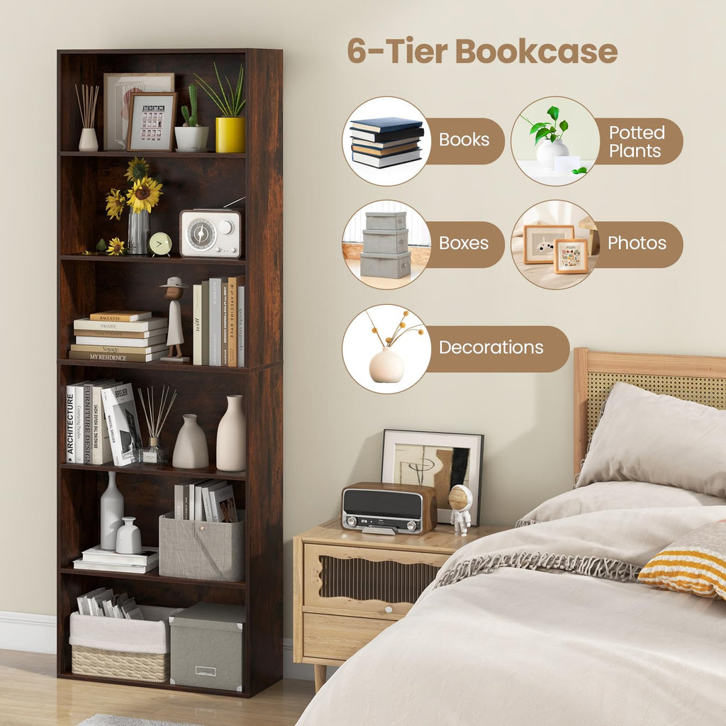 6-Tier Bookcase, 70" Tall Wooden Bookshelf, Freestanding Storage Organizer w/Open Shelves, Anti-Tipping Kits, Modern