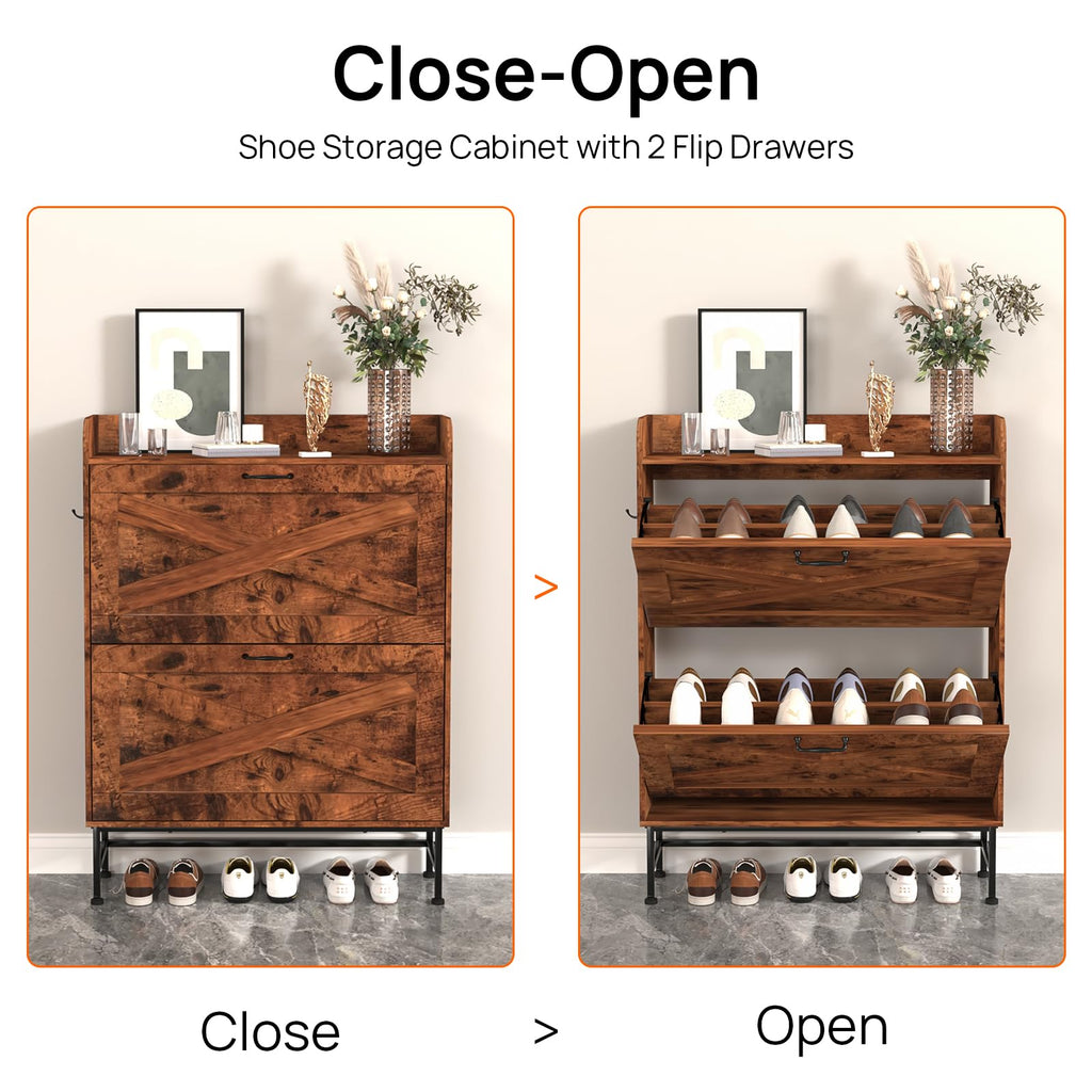 Shoe Storage Cabinet, Narrow Shoe Cabinet with 2 Flip Drawers, Freestanding Shoe Organizer with Open Storage