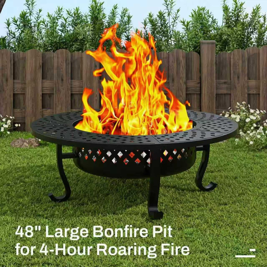 48" Fire Pit with 2 Grill, Wood Burning Firepit for Outside with Lid & Fire Poker Backyard Bonfire Picnic Camping