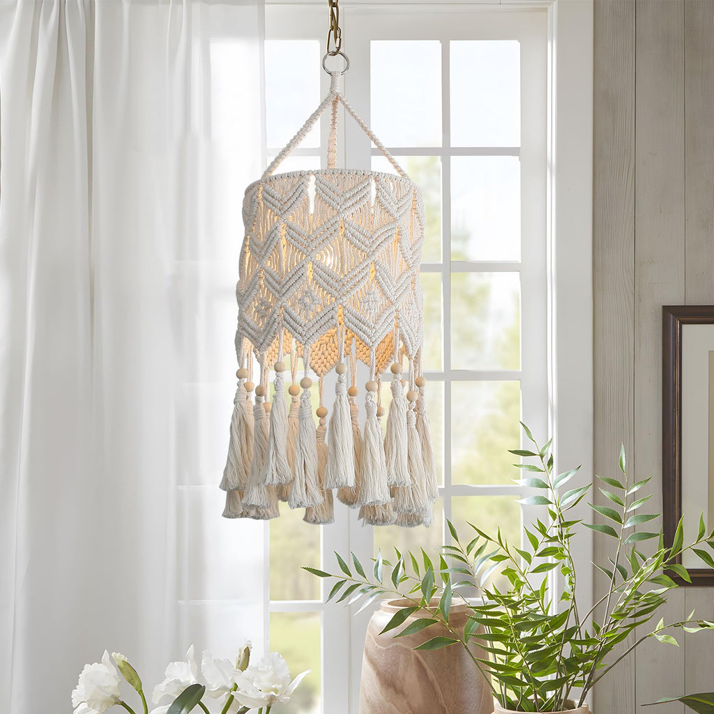Boho Hanging Lamp, Macrame Lamp Shade, Pendant Light with Cord(9.8FT)