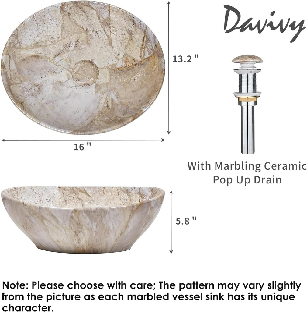 16'' X 13'' Nordic Marbling Oval Vessel Sink with Pop Up Drain,Ceramic Vessel Sink,Bathroom Sinks Above