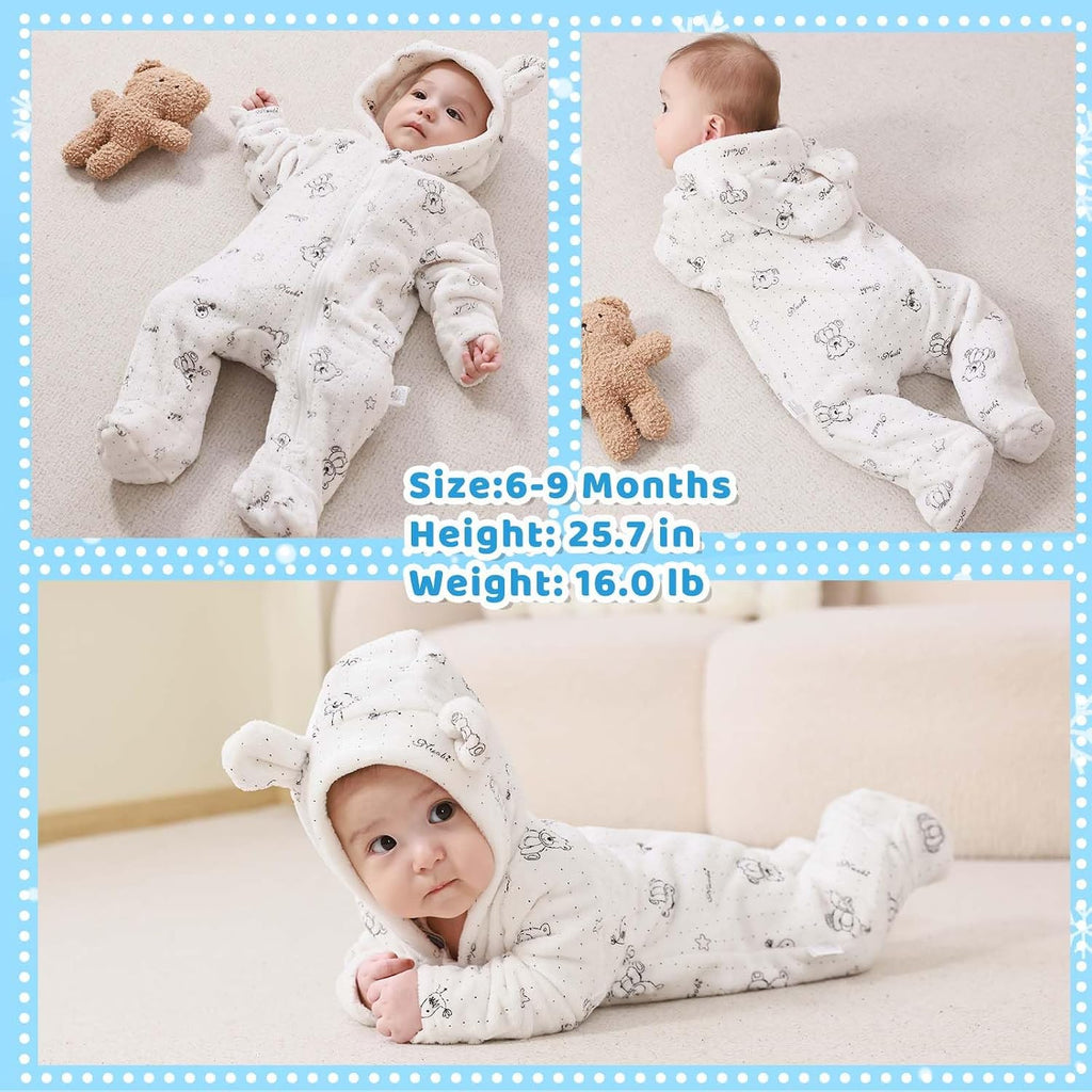 Baby Bear Suit Thin Fleece Footie Romper Snowsuit Hooded Jumpsuit Bodysuit Winter Clothes Boy Girl