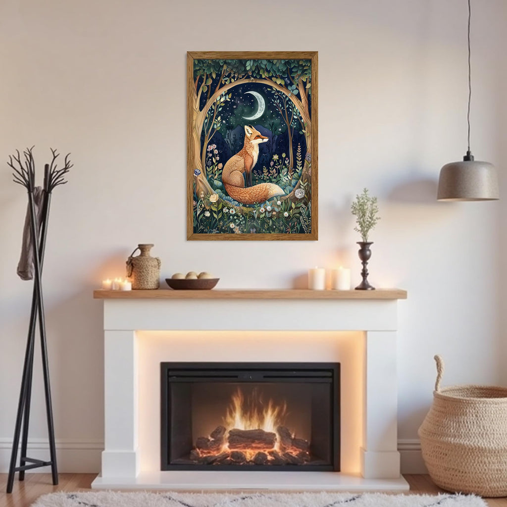 Fox and Moon Decor Whimsical Forest Animal Wall Art 16x24 in